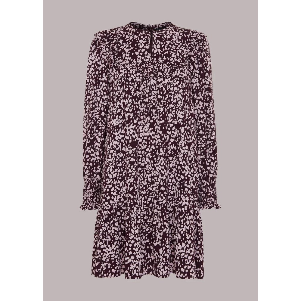 Whistles Dashed Animal Flippy Dress Burgundy Pink Mini UK 12 US 8 Ruffle Cottage